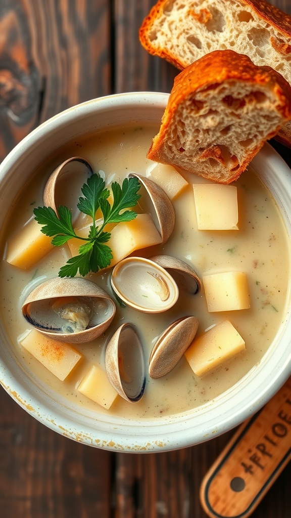 A bowl of creamy clam chowder with clams and potatoes, garnished with parsley, on a rustic table with bread.